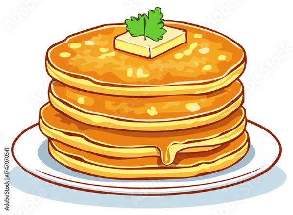 Obraz Stack of golden brown pancakes with melting butter and a sprig of parsley on a white plate