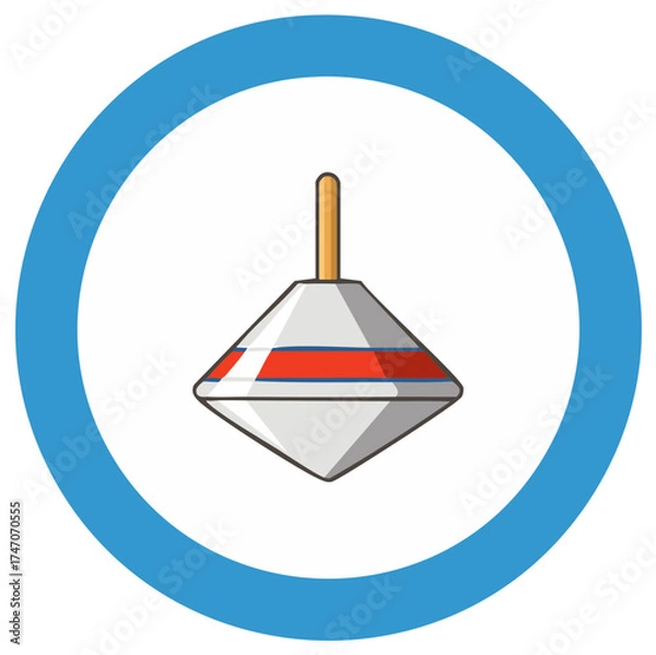 Obraz Illustration of a toy spinning top with gray body, stripes and wooden handle isolated in a blue circle frame