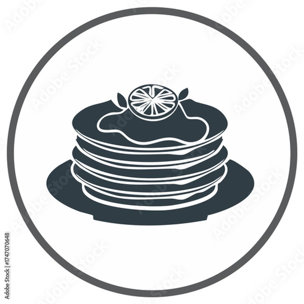 Obraz Stack of pancakes with syrup and lemon slice icon within a circle