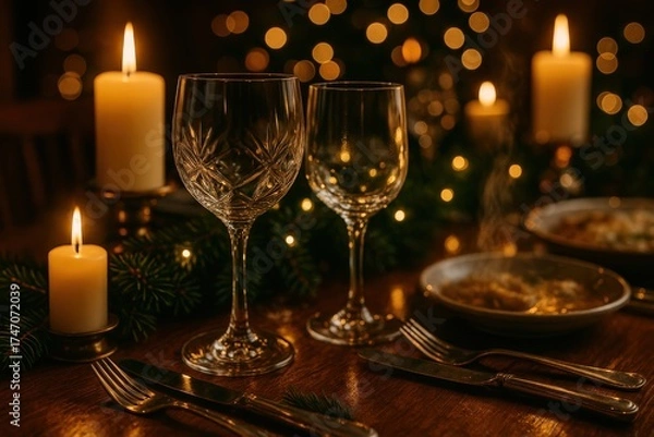 Fototapeta Elegant dining table set for a festive meal with candles and decorated backdrop.