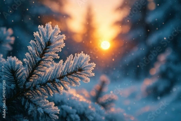 Obraz Icy branch glows in the warm light of sunset in a tranquil winter scene.