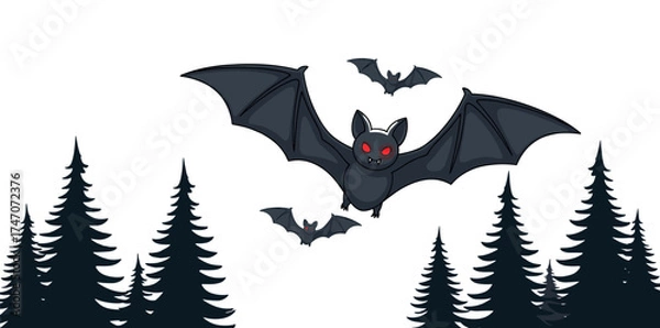 Obraz Flying bats over dark forest, glowing red eyes, spooky Halloween illustration, cartoon horror scene, eerie night atmosphere, conifer silhouette design