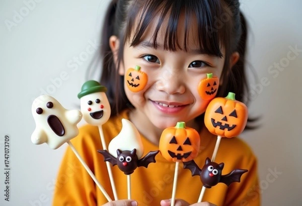 Fototapeta An Asian child - a girl with a painted face for Halloween holds cake pops in the form of Halloween pumpkins, ghosts, and bats