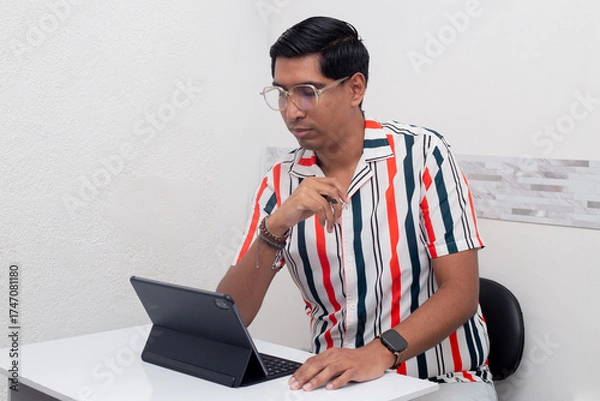 Fototapeta Joven viendo  su tablet de estudio