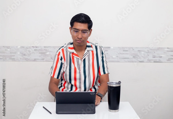 Fototapeta Joven viendo  su tablet de estudio y cafe