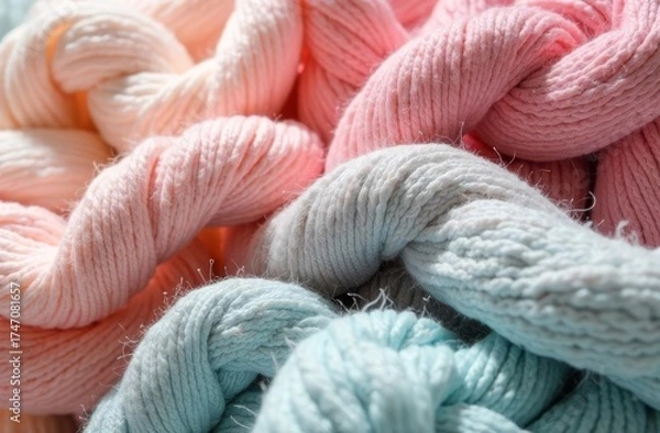 Fototapeta Texture, pattern of hand-knitted fabric made of soft pink and soft blue threads