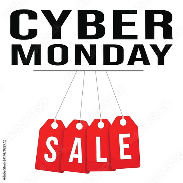 Fototapeta Cyber Monday sale graphic with hanging red price tags. Vector typography for online retail and e-commerce promotion.