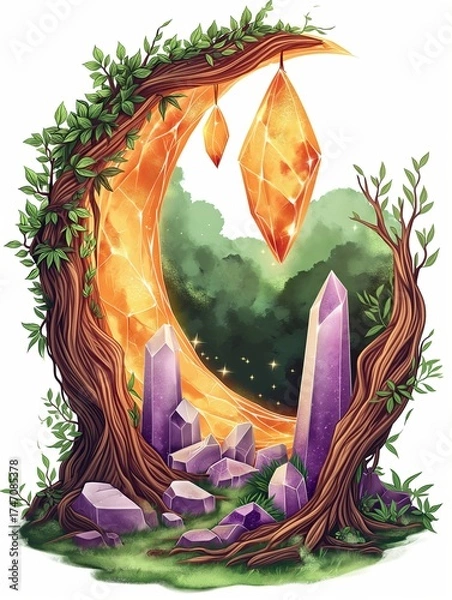 Fototapeta Natural crystals shine in the forest in the moonlight.