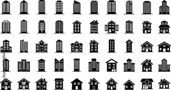 Fototapeta Building and real estate icon set, modern architecture, city skyscraper, home property, urban housing, residential, commercial construction, apartment design, realty, vector illustration