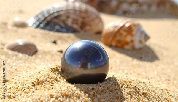 Fototapeta A Beautiful Black Pearl Resting on Sandy Beach with Shells in Sunlight