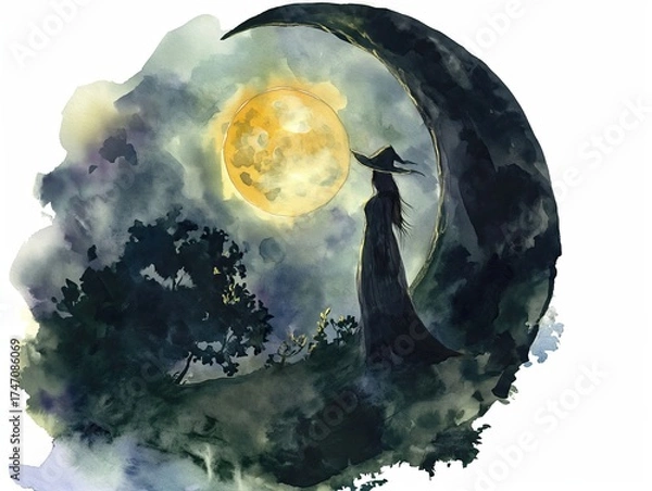 Fototapeta A witch is depicted against the backdrop of a spooky forest and the moon.
