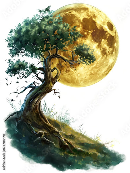 Fototapeta A spooky forest is depicted against the backdrop of the moon.