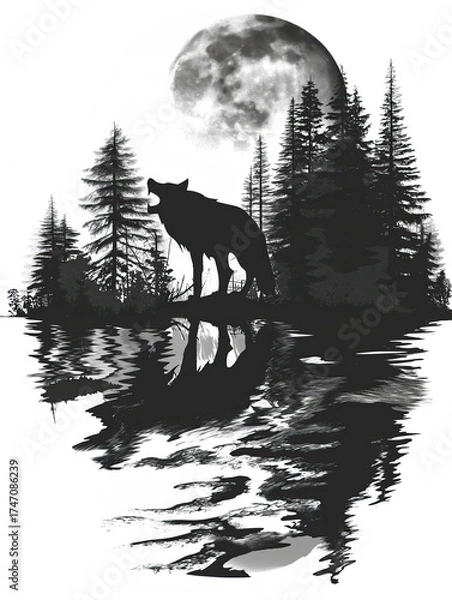 Fototapeta A wolf is depicted against the backdrop of a spooky forest and the moon.