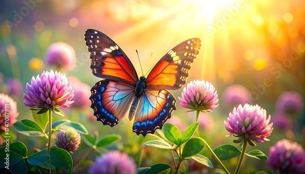 Fototapeta A Beautiful Butterfly with Colorful Wings Hovering Over Pink Flowers and Sunlight