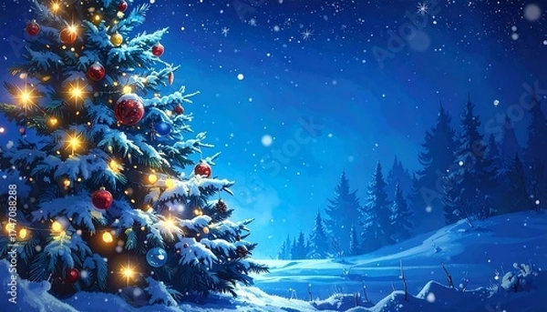 Fototapeta A beautiful Christmas tree scene in a snowy landscape during the night