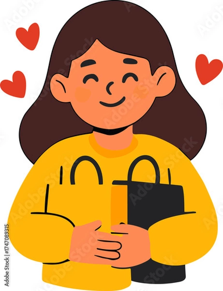 Fototapeta Smiling cartoon woman in a yellow sweater holding a shopping bag with hearts floating around, symbolizing happiness and love for shopping.