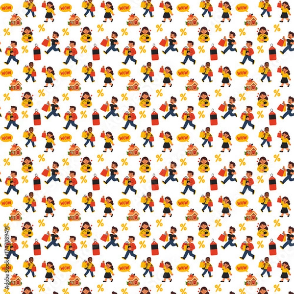 Fototapeta Seamless festive Black Friday pattern with cheerful shoppers, sale tags, discount symbols, and gift icons in bright red, yellow, and black tones on a light background.