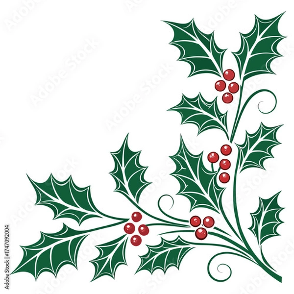 Obraz Green holly branch with red berries corner frame vector