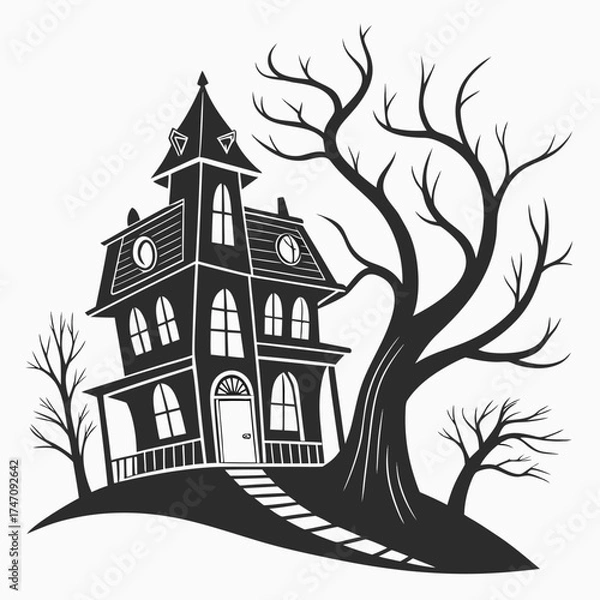 Fototapeta Spooky haunted house with bare trees vector graphic
