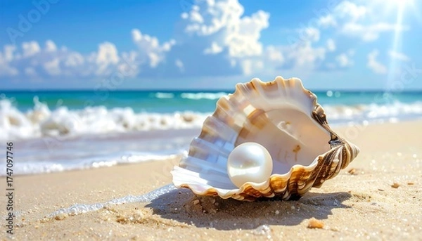 Fototapeta A Beautiful Pearl Inside a Seashell on the Sandy Beach, Under the Clear Sky