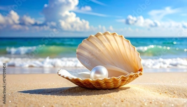 Fototapeta A Beautiful Pearl Nestled Inside a Seashell on a Sandy Beach