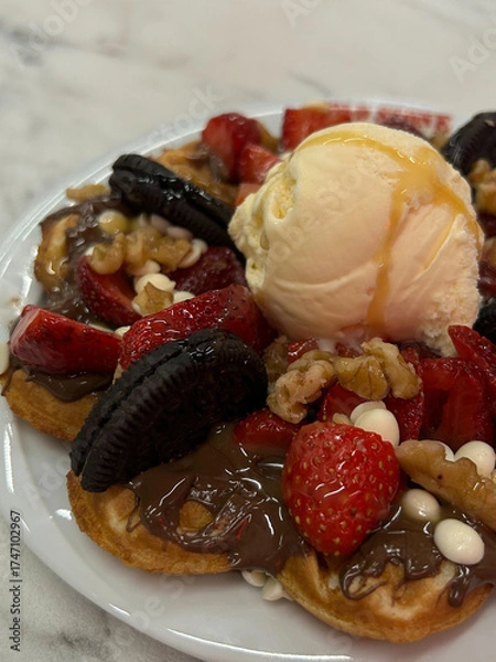 Fototapeta Close-up of a waffle topped with vanilla ice cream, strawberries, chocolate, cookies, nuts, and white chocolate on a white plate.