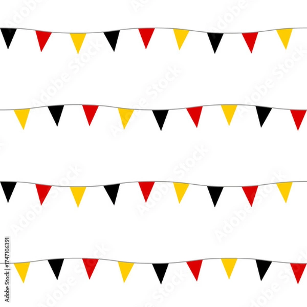 Obraz Abstract colorful pattern. Seamless print composed of red, yellow, black flags on white background. Festive garland of triangle flags of German colors