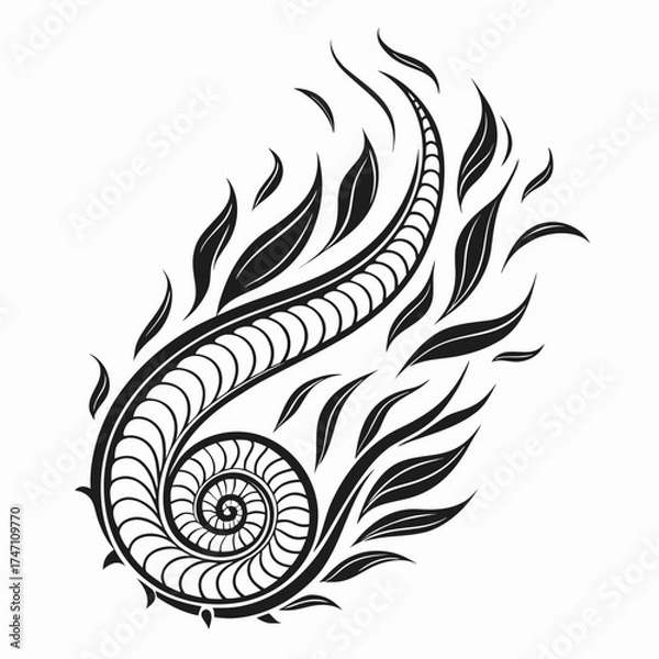 Fototapeta Black abstract spiral flame with leaf elements on white