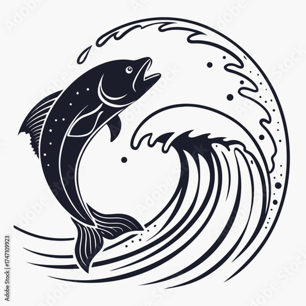 Obraz Black fish silhouette leaping through circular wave