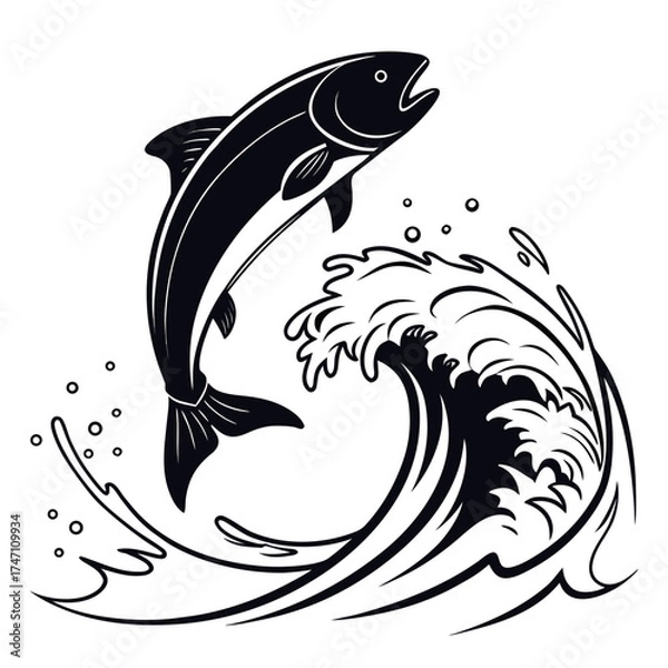 Obraz Black fish silhouette leaping through stylized waves