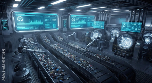 Fototapeta AI Robotic Arms Sorting Trash in a Futuristic Waste Recycling Facility