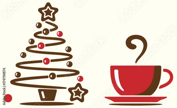 Fototapeta Creative Christmas Tree Made of Chocolate with Steaming Red Cup of Coffee or Cocoa – Cozy Winter Holiday Composition for Seasonal Food and Drink Background