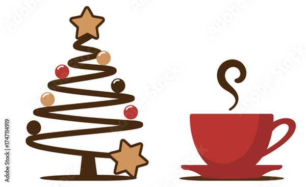 Fototapeta Creative Christmas Tree Made of Chocolate with Steaming Red Cup of Coffee or Cocoa – Cozy Winter Holiday Composition for Seasonal Food and Drink Background