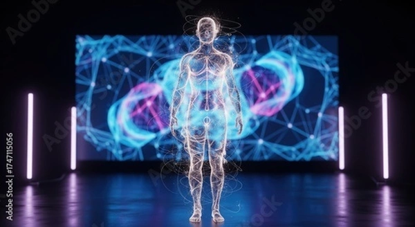 Obraz Digital human anatomy, futuristic design.  Abstract representation of the human body, interwoven with energy lines and geometric patterns