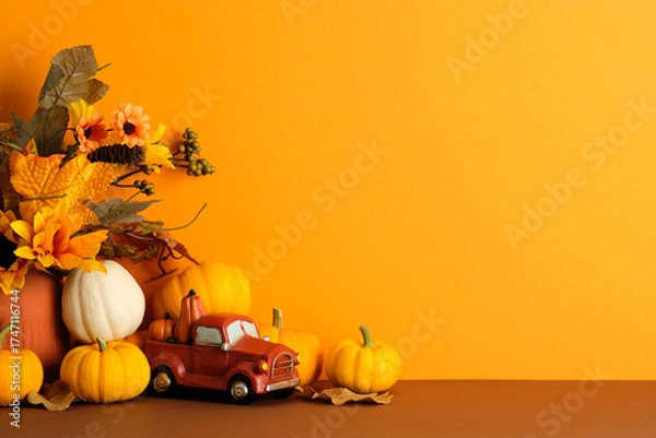 Fototapeta Red toy truck with pumpkins and fall foliage on brown surface on orange background. Autumn, fall, Thanksgiving concept.