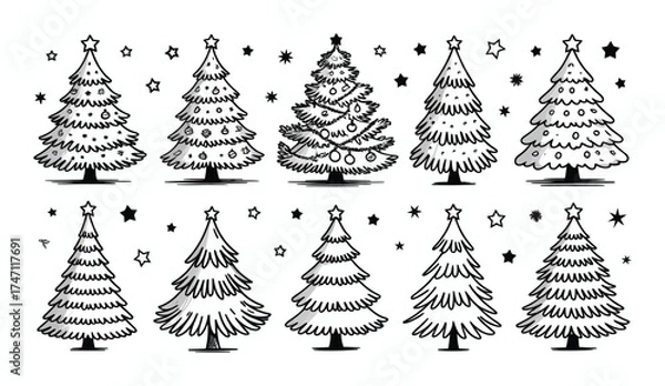 Fototapeta Black Christmas Tree Sketch Illustration – Hand Drawn Style on White Background for Holiday Decoration, Minimal Design Elements, or Seasonal Art Projects and Cards