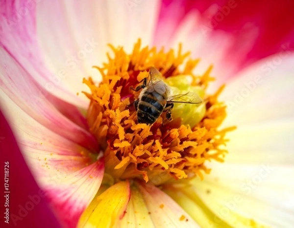 Fototapeta A close-up shot of a bee pollinating a vibrant flower in a garden