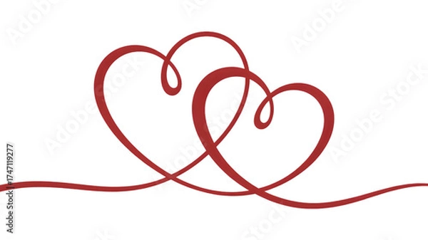 Fototapeta Two elegant red hearts intertwined on white background, symbolizing love, connection, and romantic relationship isolated on white background