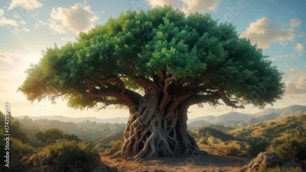 Fototapeta Ancient tree in sunlit landscape