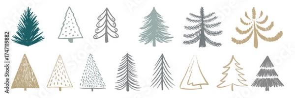 Fototapeta Christmas Tree Vector Set with Hand Drawn Style – Artistic Holiday Illustrations for Winter Greeting Cards, Seasonal Decor, Invitations, and Festive Design Concepts