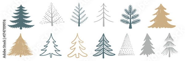 Fototapeta Christmas Tree Vector Set with Hand Drawn Style – Artistic Holiday Illustrations for Winter Greeting Cards, Seasonal Decor, Invitations, and Festive Design Concepts