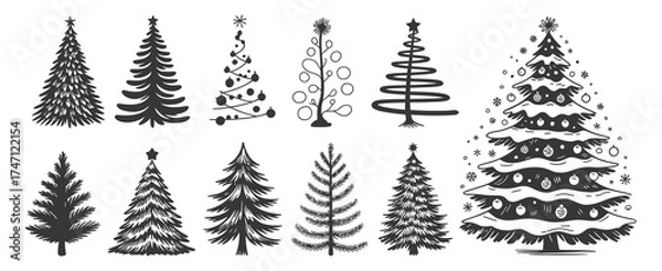 Fototapeta Christmas Tree Vector Set with Hand Drawn Style – Artistic Holiday Illustrations for Winter Greeting Cards, Seasonal Decor, Invitations, and Festive Design Concepts