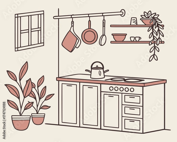 Fototapeta Bohemian kitchen vector sketch, isometric line art illustration of a modern minimalist interior. Features cabinets, a sink, and houseplants, with a glass door, for a cozy home design and decor theme.