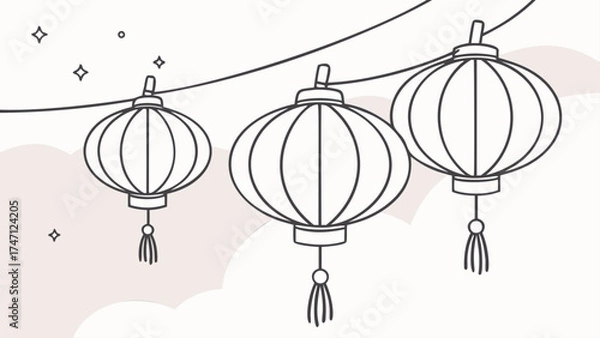 Fototapeta Chinese lanterns line art, vector illustration of three hanging festive lights with tassels. Minimalist oriental design for celebration or holiday theme.