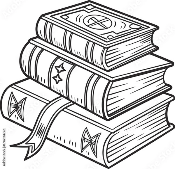 Fototapeta Stack of vintage books, line art illustration of three old volumes with decorative covers and a bookmark. Monochrome sketch for education, reading, or historic library theme design.