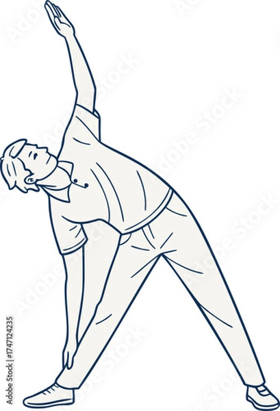Fototapeta Side bend stretch, a minimalist line art drawing of a man performing a yoga or fitness pose. Outline sketch showing a healthy person exercising, promoting wellness and active lifestyle.
