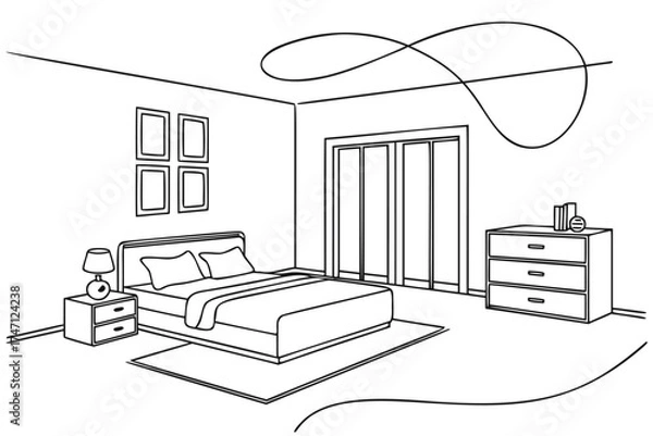 Fototapeta Minimalist bedroom interior, line art drawing of a modern room with a bed, wardrobe, and nightstands. Continuous line sketch of home decor with elegant furniture and framed pictures on the wall.