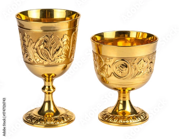 Fototapeta Dual Gold Goblets with Ornate Design, isolated on transparent background