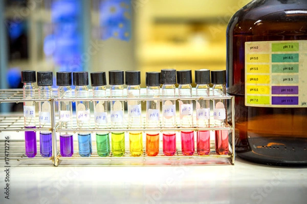 Fototapeta Preparation of standard pH solution, Matching the color of the bottle with the Universal Chemical Indicator in chemistry laboratory. Close up image.