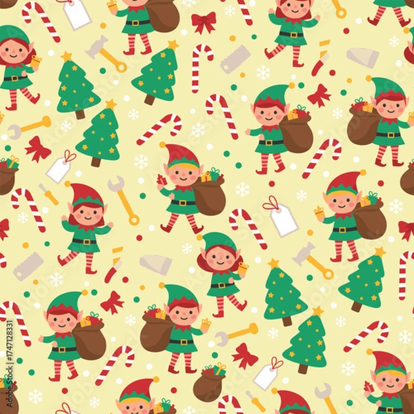 Obraz Christmas Pattern Vector. Seamless Santa’s elf Pattern with Candy Cane, and Tree. holiday seamless pattern Background.
